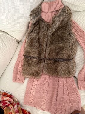 Faux Fur Vest with Braided Belt over Pink Cable Knit Sweater Dress